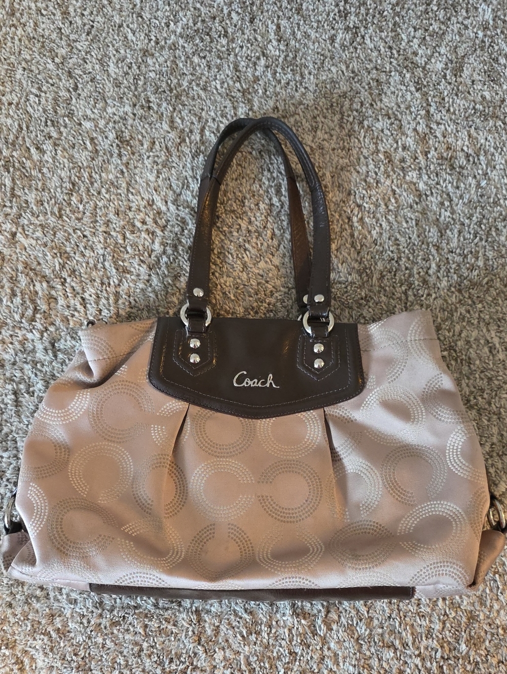 Coach F20049 Ashley Dotted Beige and Dark Brown Signature Tote